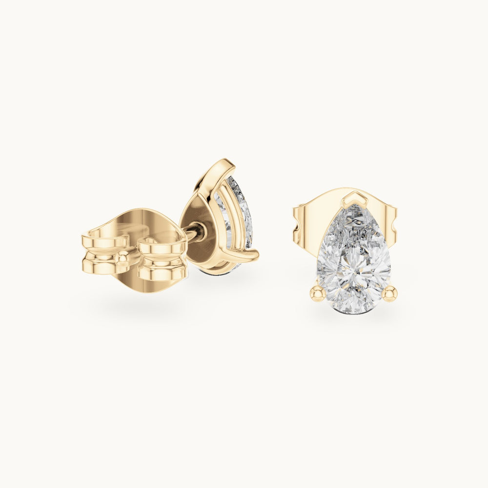 Pear lab-grown diamond v-tip solitaire stud earrings in yellow gold, 1.00 CT TW, view 1