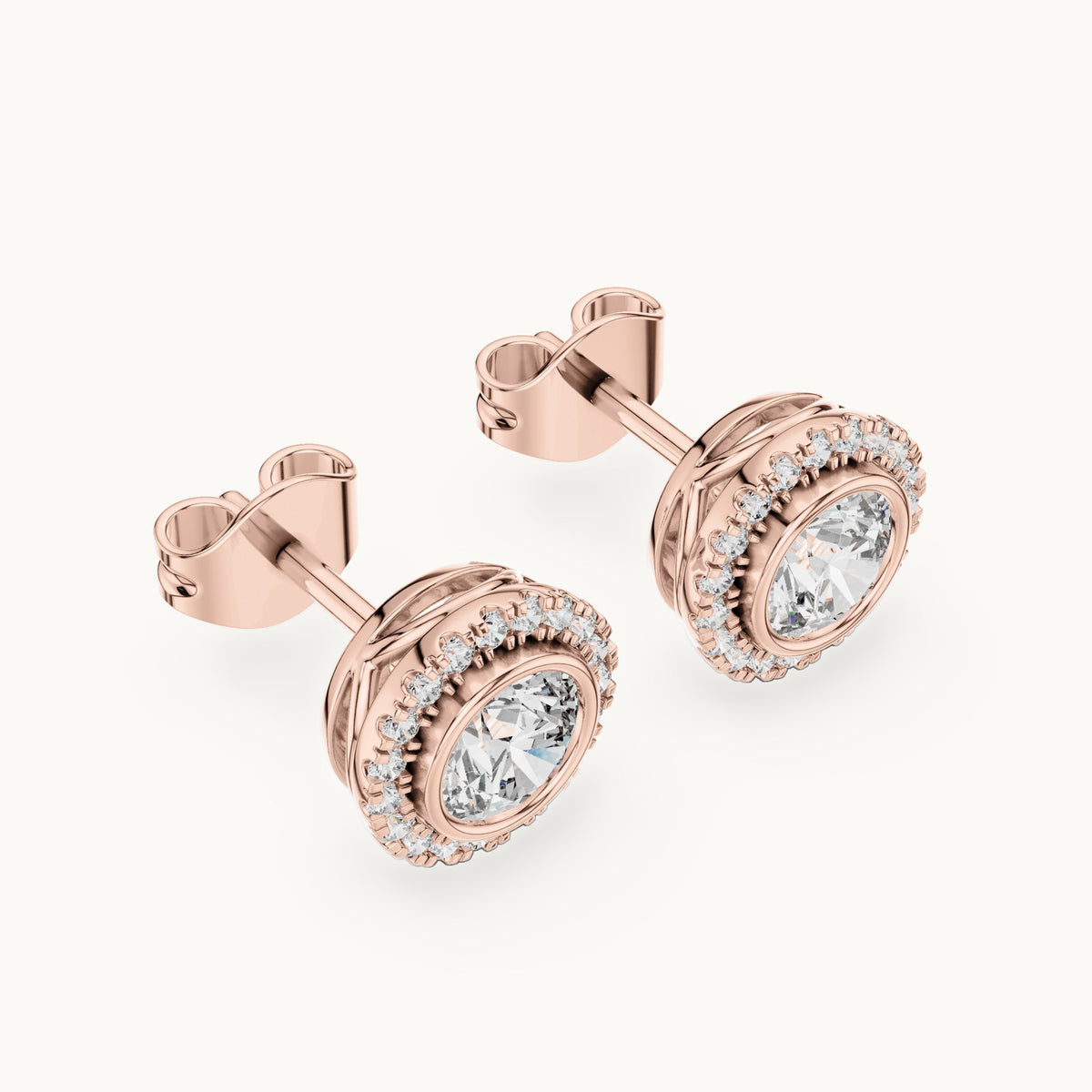 Round lab-grown diamond halo stud earrings in rose gold, 1.19 CT TW, view 2