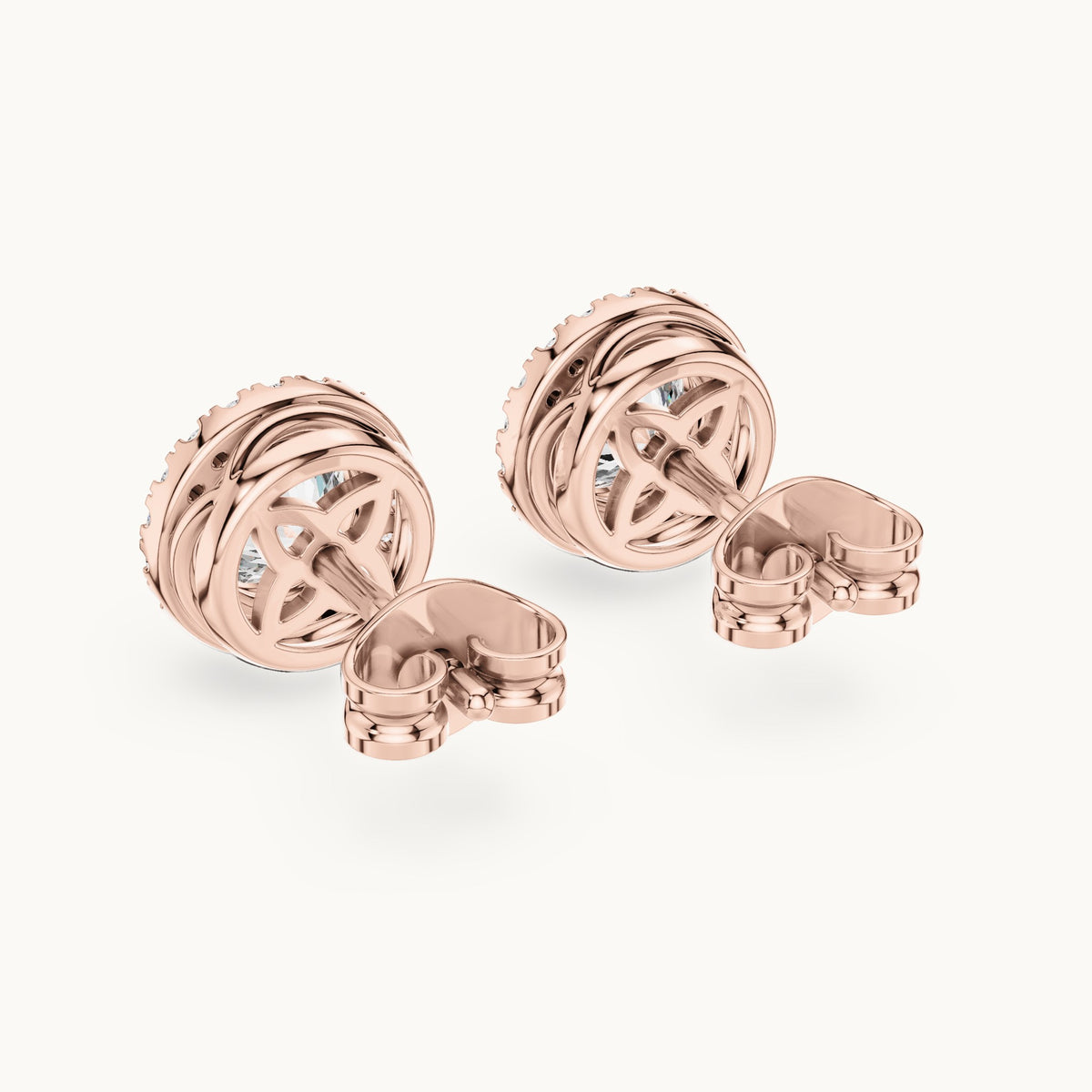Round lab-grown diamond halo stud earrings in rose gold, 1.19 CT TW, view 3