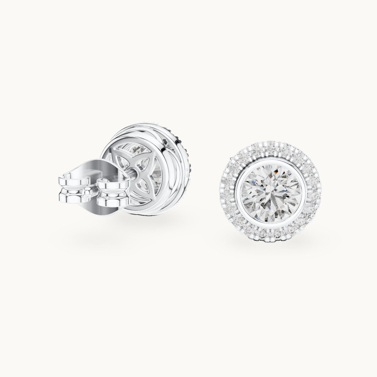 Round lab-grown diamond halo stud earrings in white gold, 1.19 CT TW, view 1