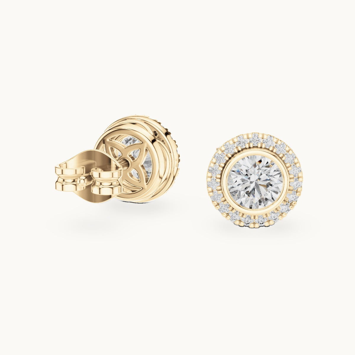 Round lab-grown diamond halo stud earrings in yellow gold, 1.19 CT TW, view 1