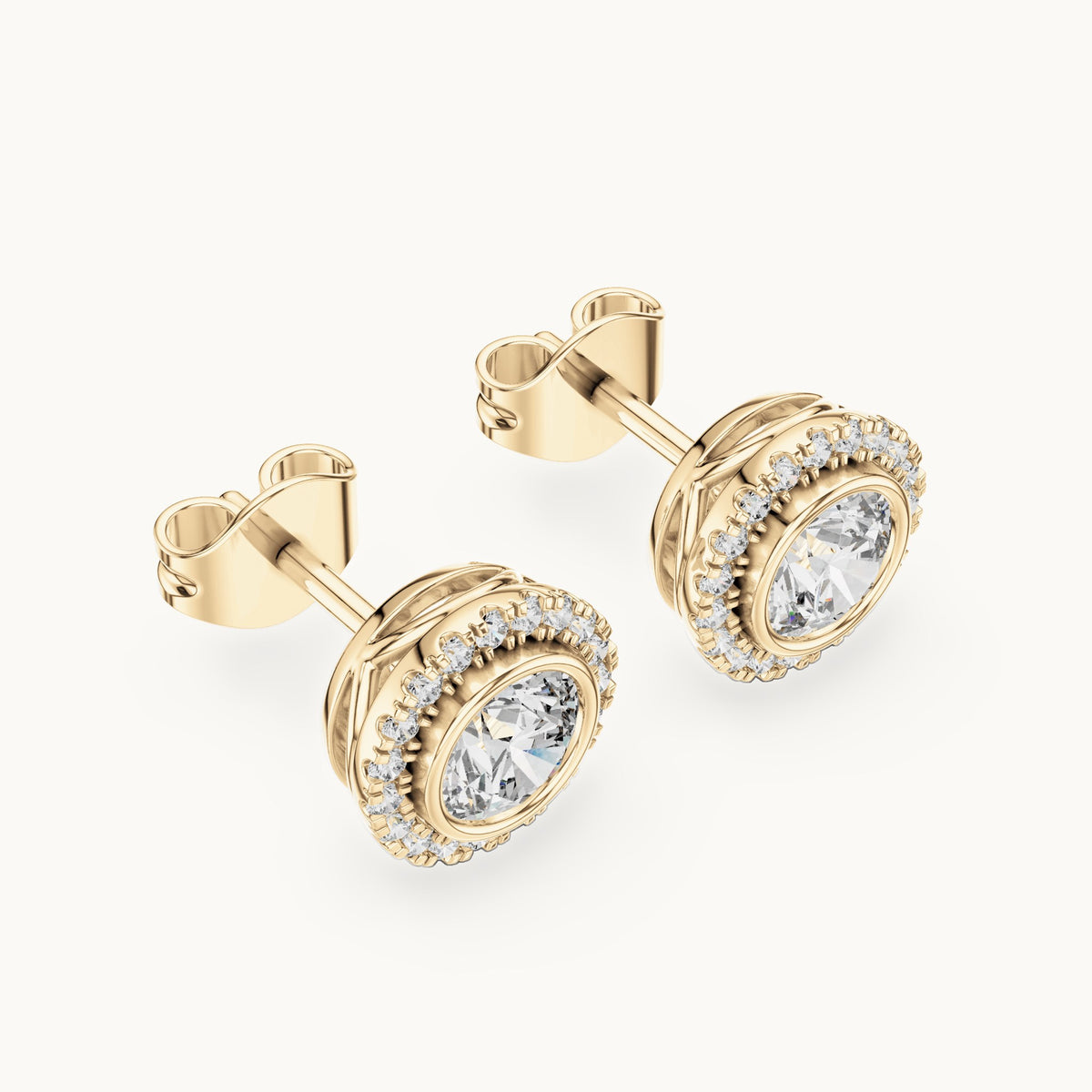 Round lab-grown diamond halo stud earrings in yellow gold, 1.19 CT TW, view 2