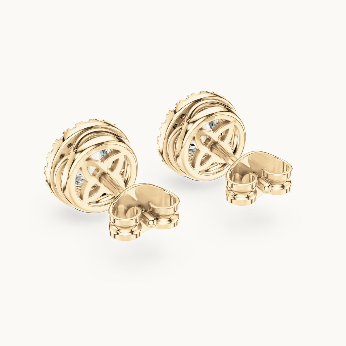 Round lab-grown diamond halo stud earrings in yellow gold, 1.19 CT TW, view 3