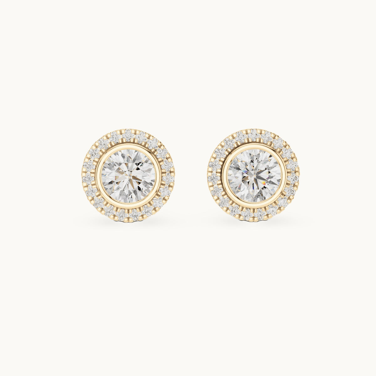 Round lab-grown diamond halo stud earrings in yellow gold, 1.19 CT TW, view 4