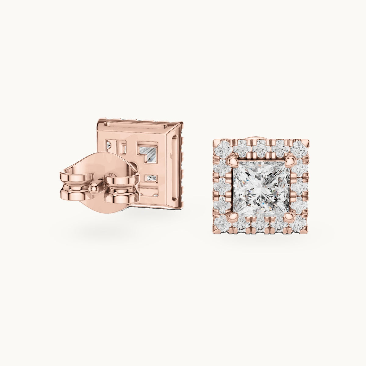 Princess-cut and round lab-grown diamond halo stud earrings in rose gold, 1.288 CT TW, view 1