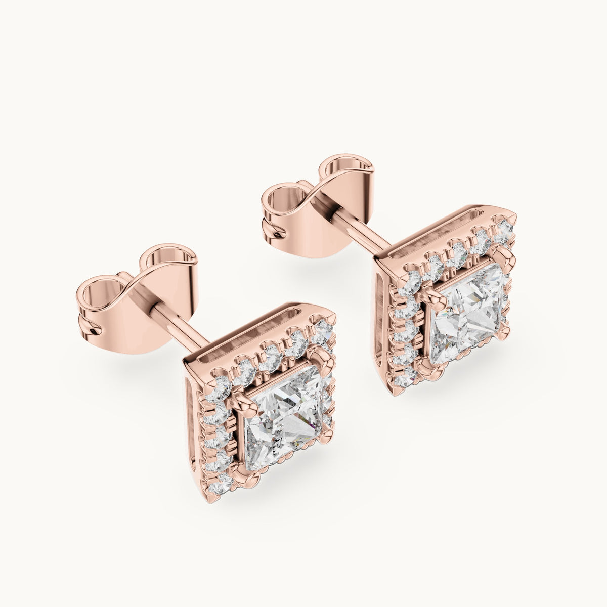 Princess-cut and round lab-grown diamond halo stud earrings in rose gold, 1.288 CT TW, view 2