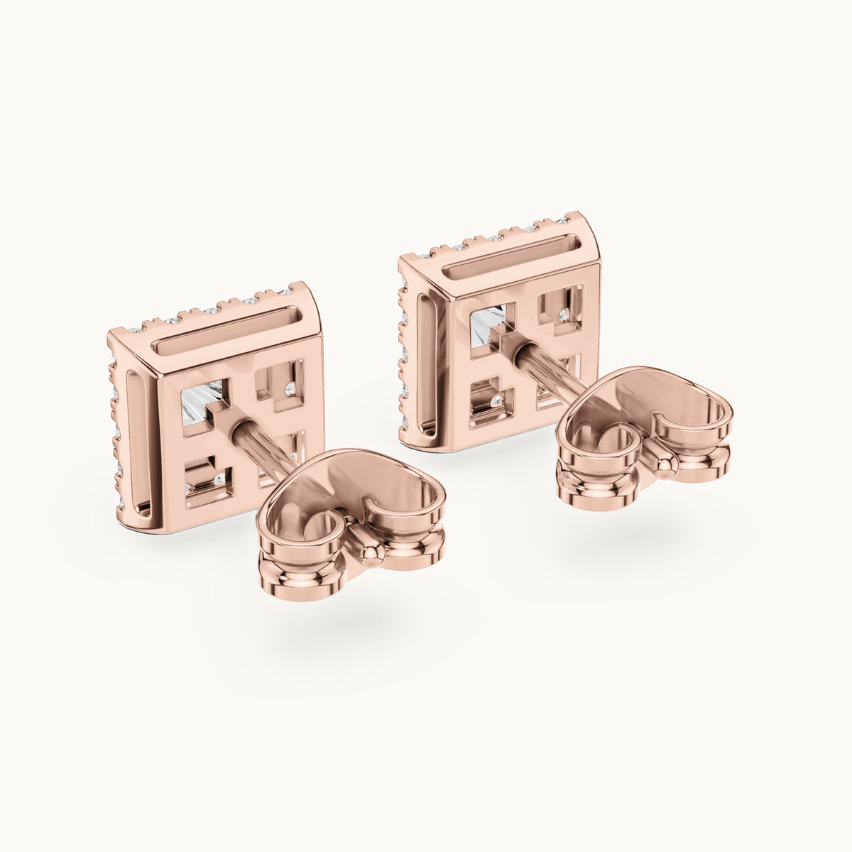 Princess-cut and round lab-grown diamond halo stud earrings in rose gold, 1.288 CT TW, view 3