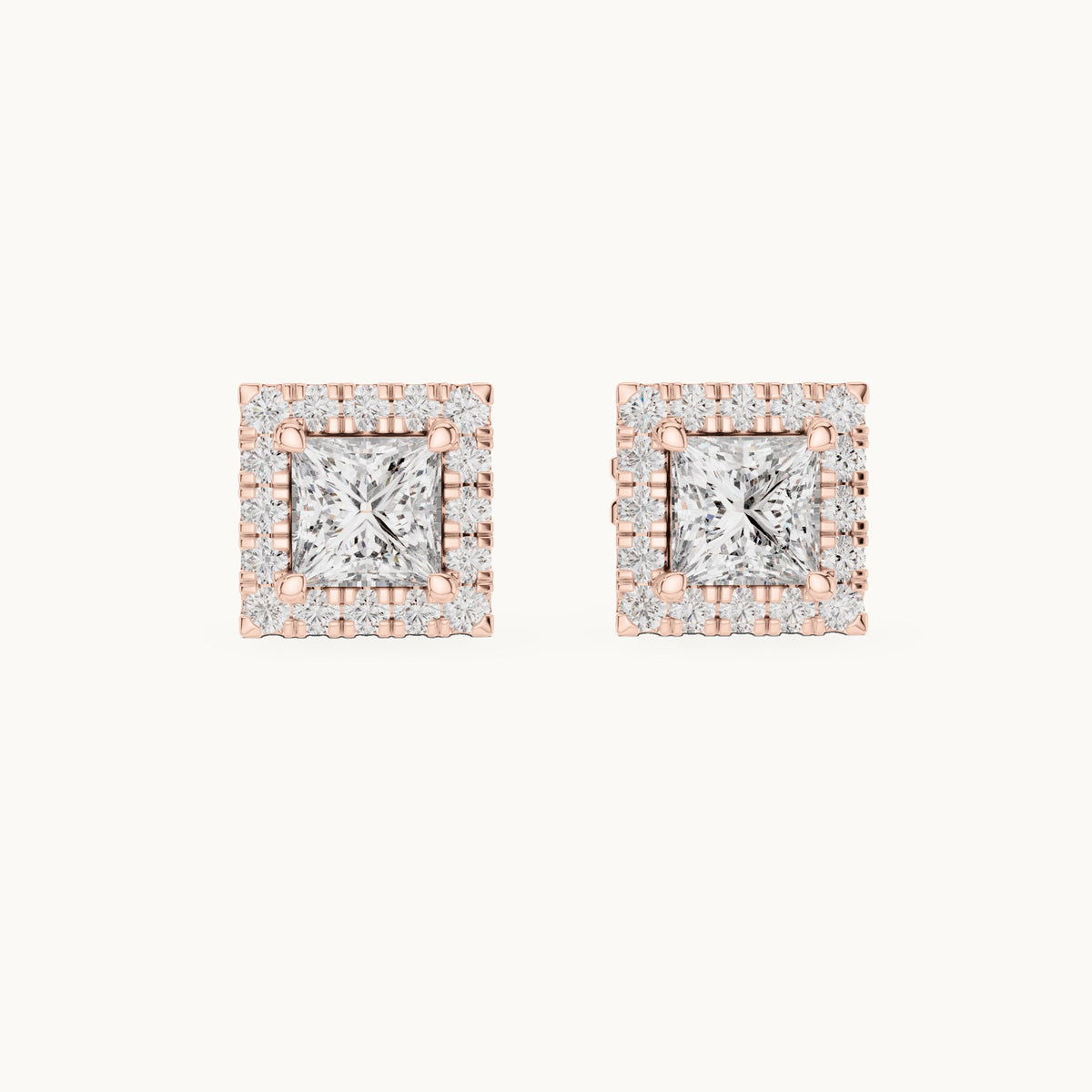 Princess-cut and round lab-grown diamond halo stud earrings in rose gold, 1.288 CT TW, view 4