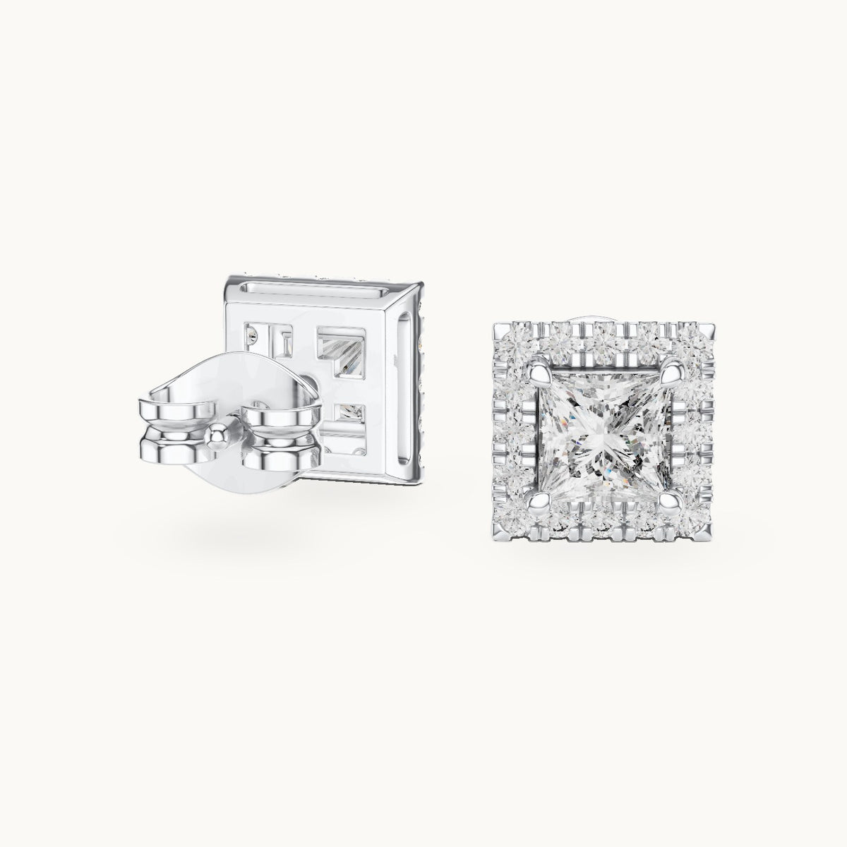 Princess-cut and round lab-grown diamond halo stud earrings in white gold, 1.288 CT TW, view 1