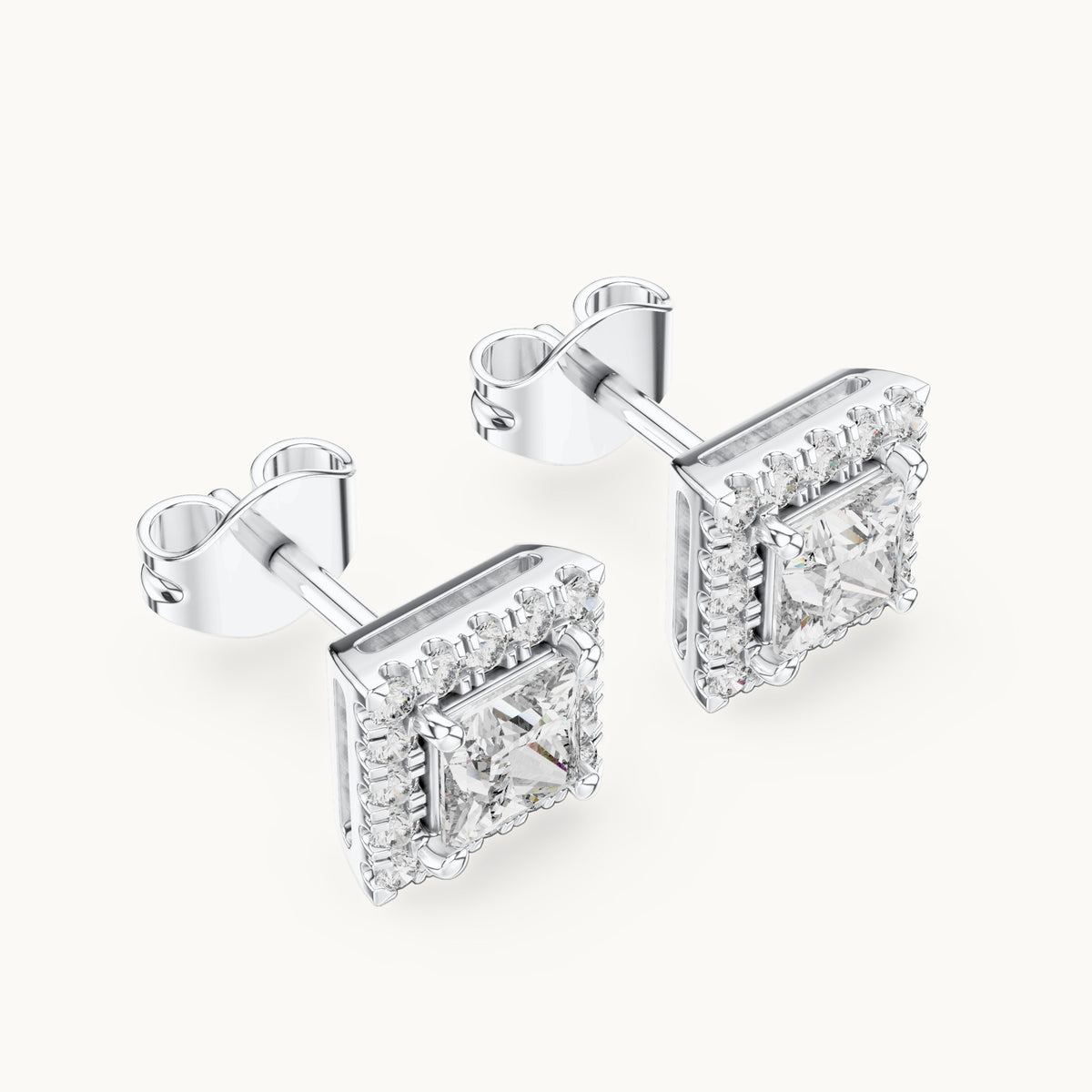 Princess-cut and round lab-grown diamond halo stud earrings in white gold, 1.288 CT TW, view 2