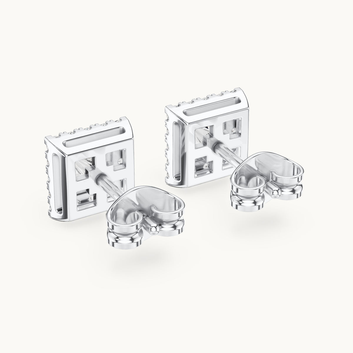 Princess-cut and round lab-grown diamond halo stud earrings in white gold, 1.288 CT TW, view 3