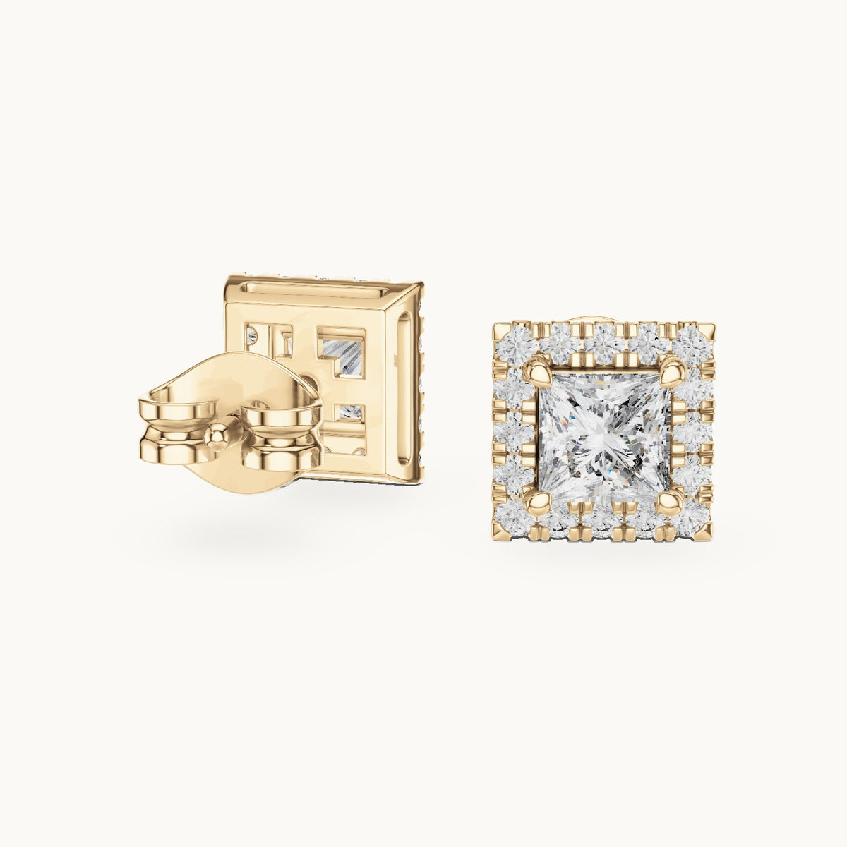 Princess-cut and round lab-grown diamond halo stud earrings in yellow gold, 1.288 CT TW, view 1
