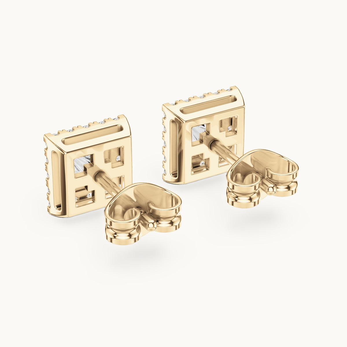 Princess-cut and round lab-grown diamond halo stud earrings in yellow gold, 1.288 CT TW, view 3
