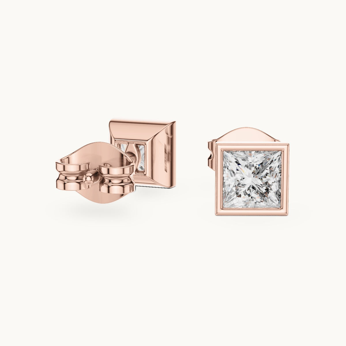 Princess-cut lab-grown diamond bezel solitaire stud earrings in rose gold, 0.88 CT TW, view 1