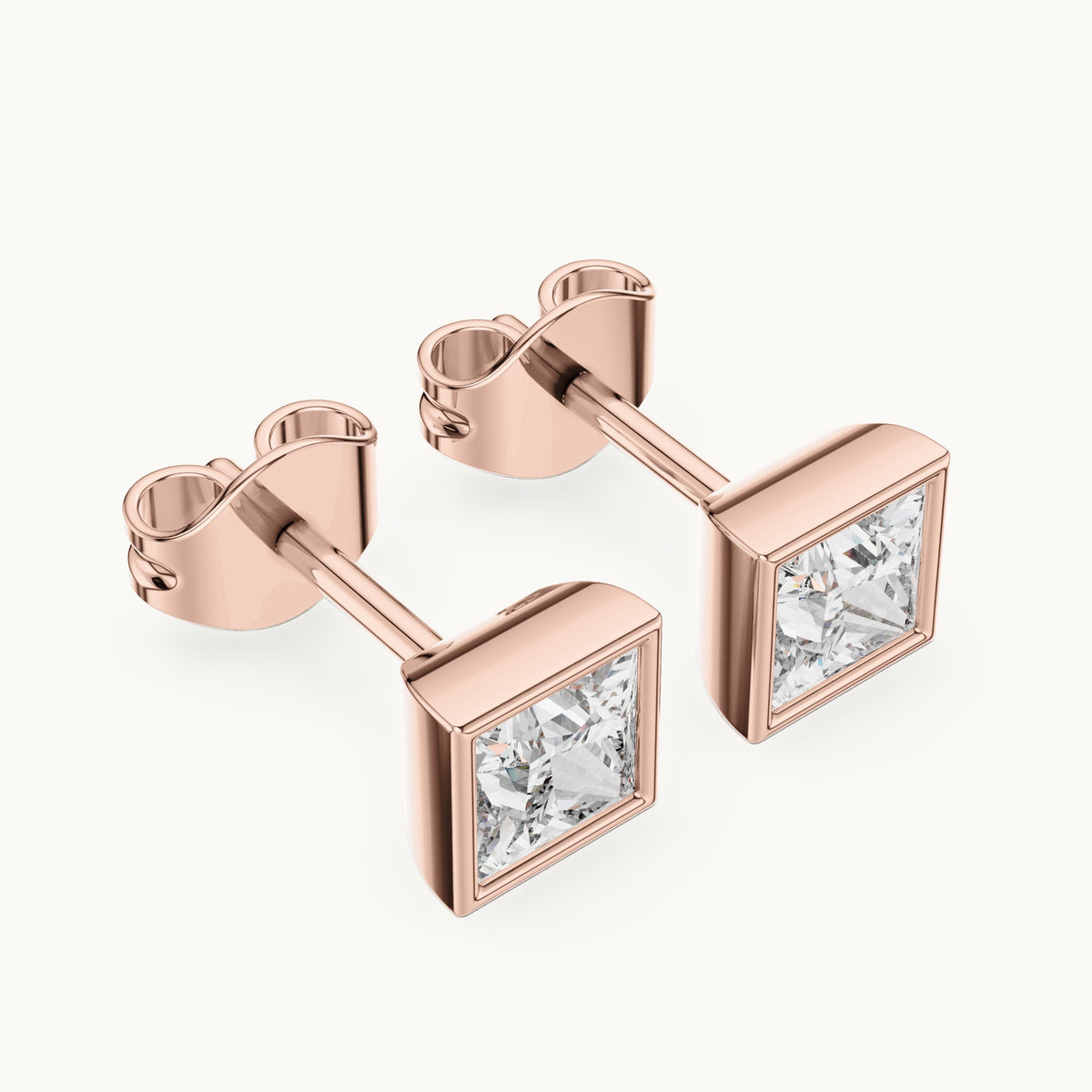 Princess-cut lab-grown diamond bezel solitaire stud earrings in rose gold, 0.88 CT TW, view 2