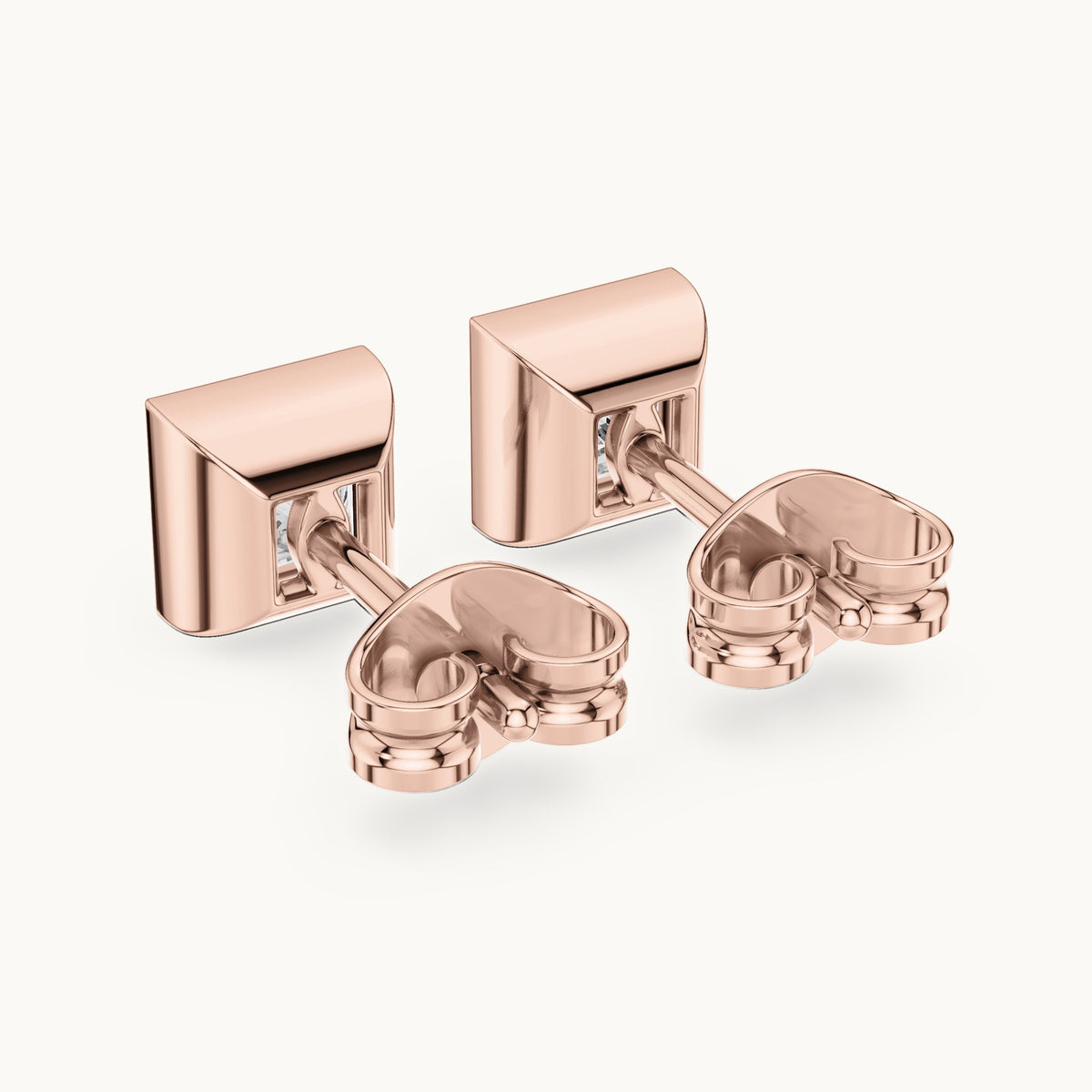 Princess-cut lab-grown diamond bezel solitaire stud earrings in rose gold, 0.88 CT TW, view 3