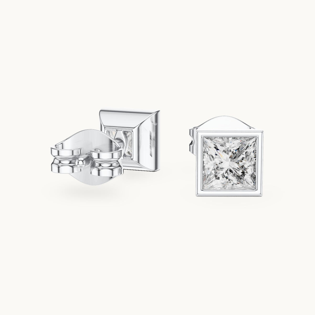 Princess-cut lab-grown diamond bezel solitaire stud earrings in white gold, 0.88 CT TW, view 1