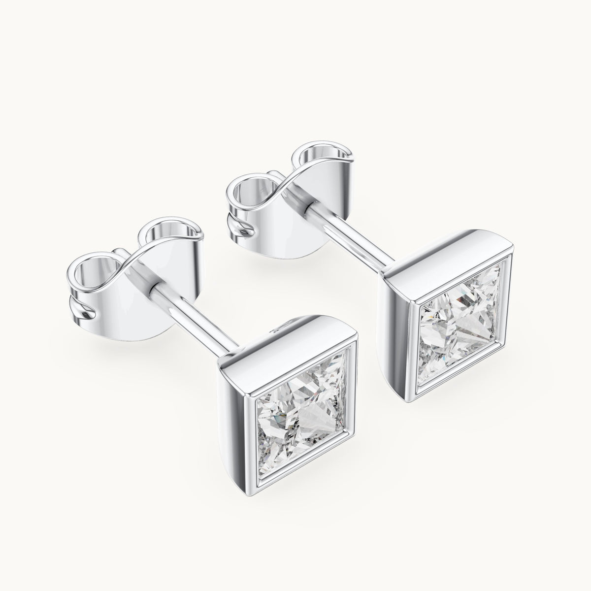 Princess-cut lab-grown diamond bezel solitaire stud earrings in white gold, 0.88 CT TW, view 2