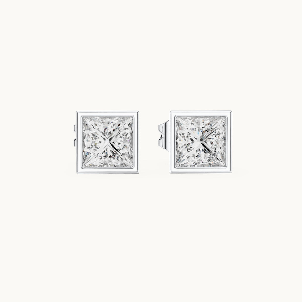Princess-cut lab-grown diamond bezel solitaire stud earrings in white gold, 0.88 CT TW, view 4