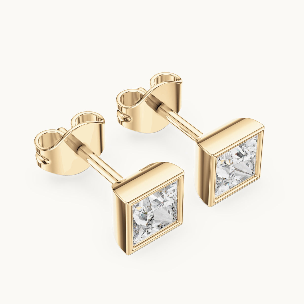 Princess-cut lab-grown diamond bezel solitaire stud earrings in yellow gold, 0.88 CT TW, view 2