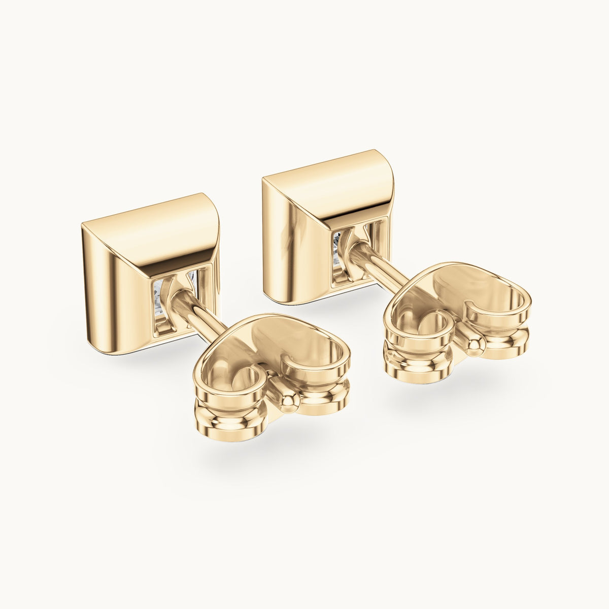 Princess-cut lab-grown diamond bezel solitaire stud earrings in yellow gold, 0.88 CT TW, view 3
