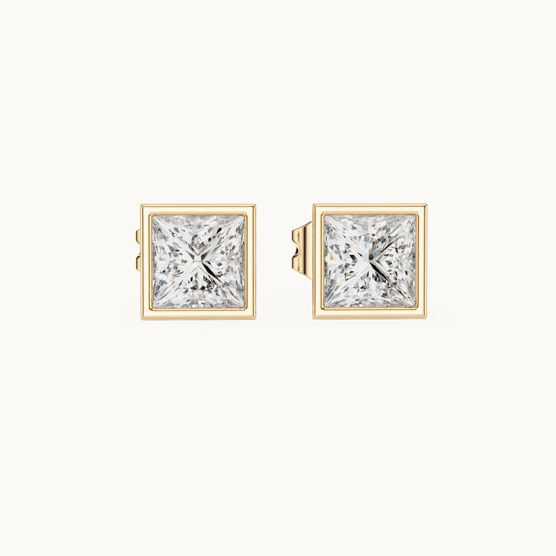 Princess-cut lab-grown diamond bezel solitaire stud earrings in yellow gold, 0.88 CT TW, view 4
