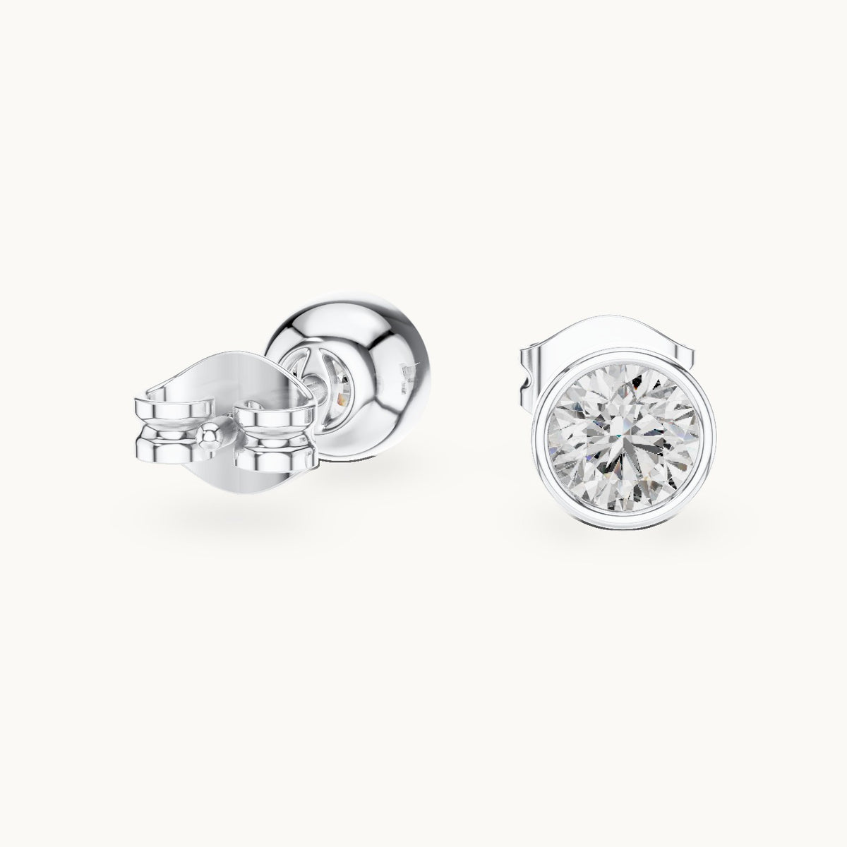 Round lab-grown diamond bezel stud earrings in white gold, 1.00 CT TW, view 1