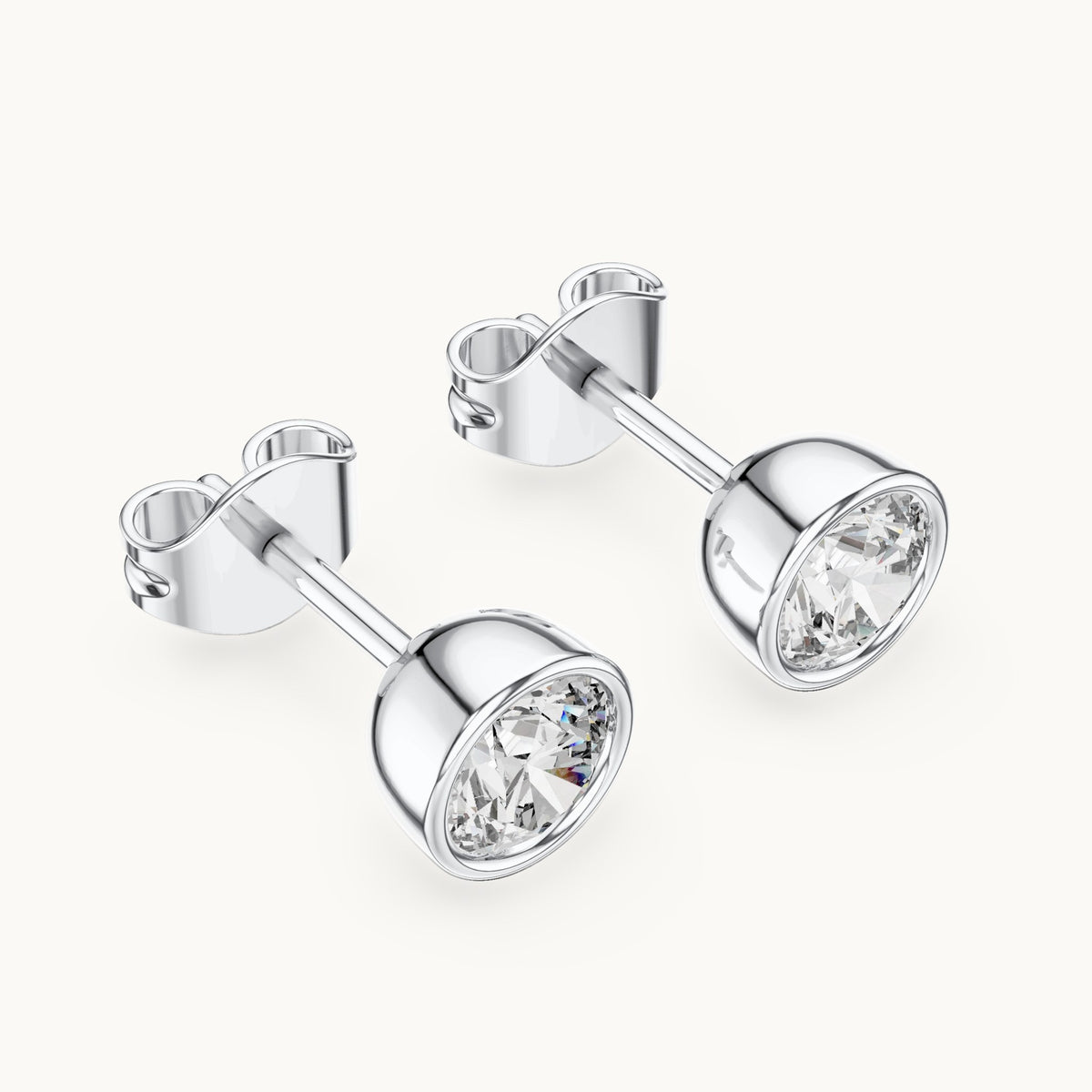 Round lab-grown diamond bezel stud earrings in white gold, 1.00 CT TW, view 2