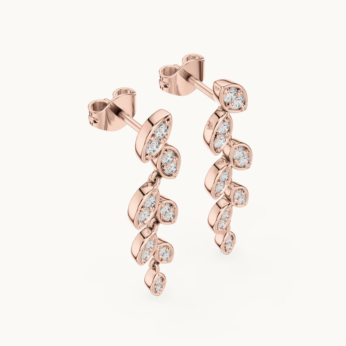 Round lab-grown diamond leaf vine drop earrings in rose gold, 0.448 CT TW, view 2
