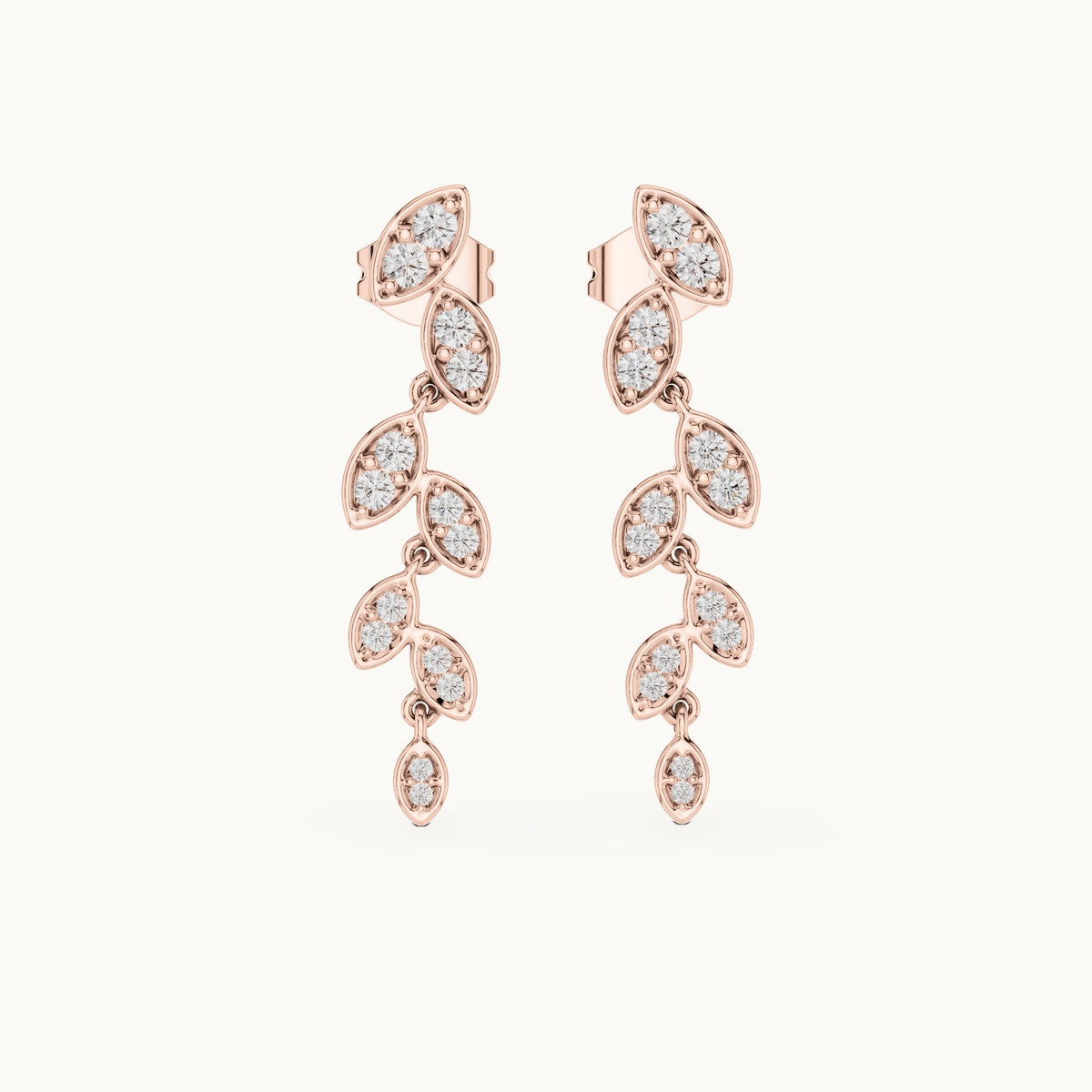 Round lab-grown diamond leaf vine drop earrings in rose gold, 0.448 CT TW, view 4