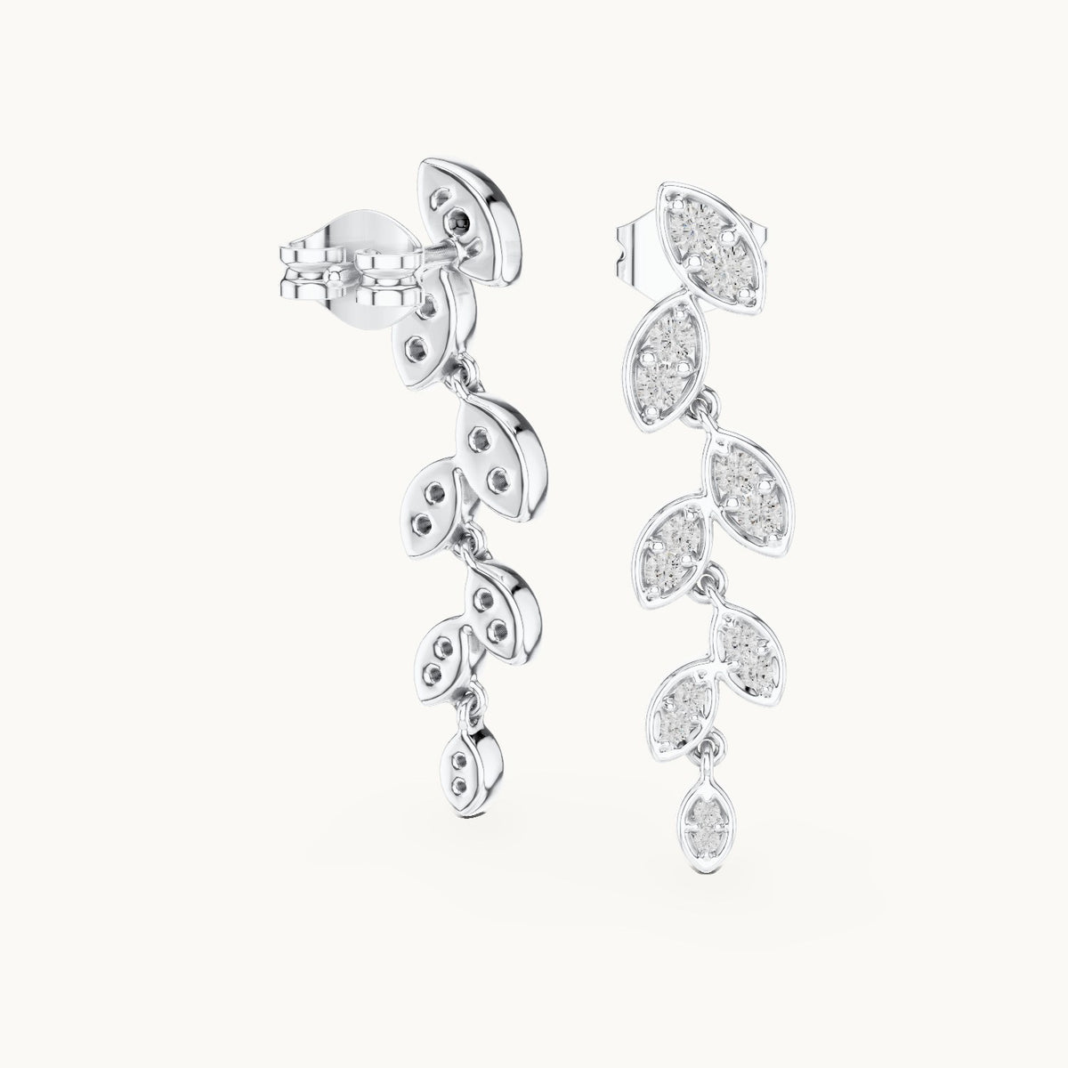 Round lab-grown diamond leaf vine drop earrings in white gold, 0.448 CT TW, view 1