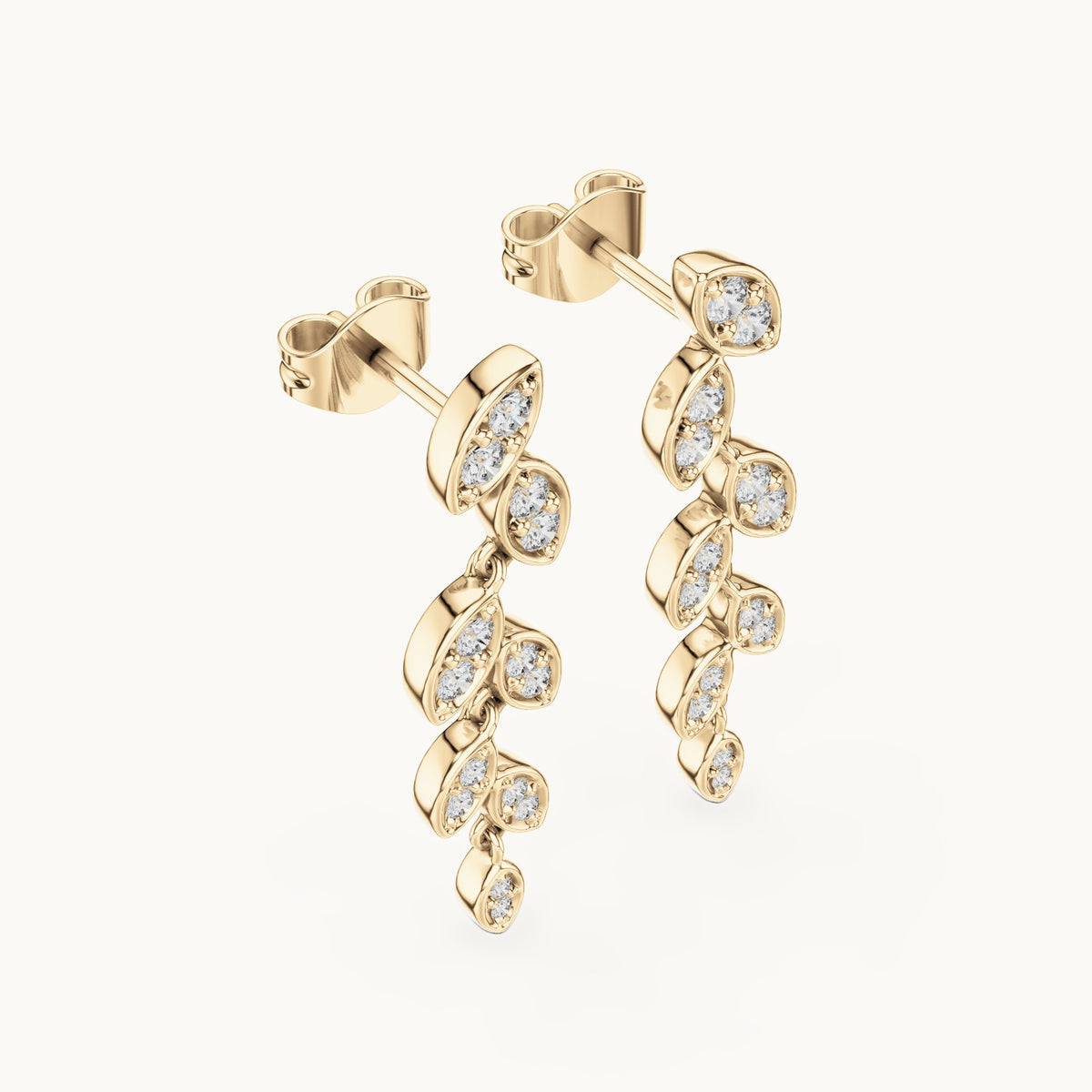 Round lab-grown diamond leaf vine drop earrings in yellow gold, 0.448 CT TW, view 2