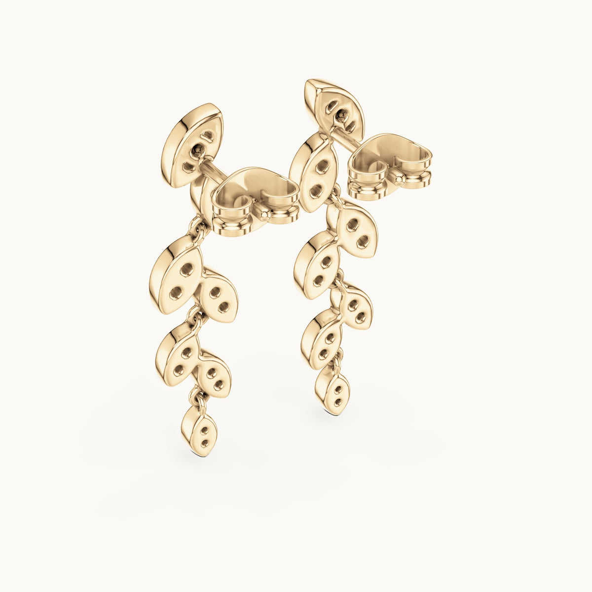 Round lab-grown diamond leaf vine drop earrings in yellow gold, 0.448 CT TW, view 3