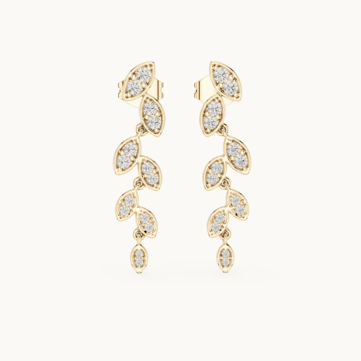 Round lab-grown diamond leaf vine drop earrings in yellow gold, 0.448 CT TW, view 4