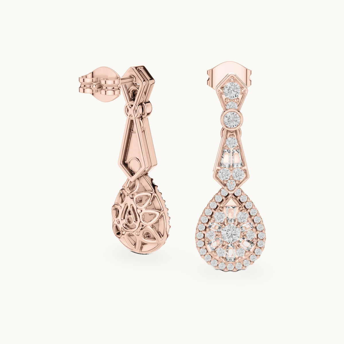 Round and baguette lab-grown diamond teardrop cluster drop earrings in rose gold, 1.296 CT TW, view 1