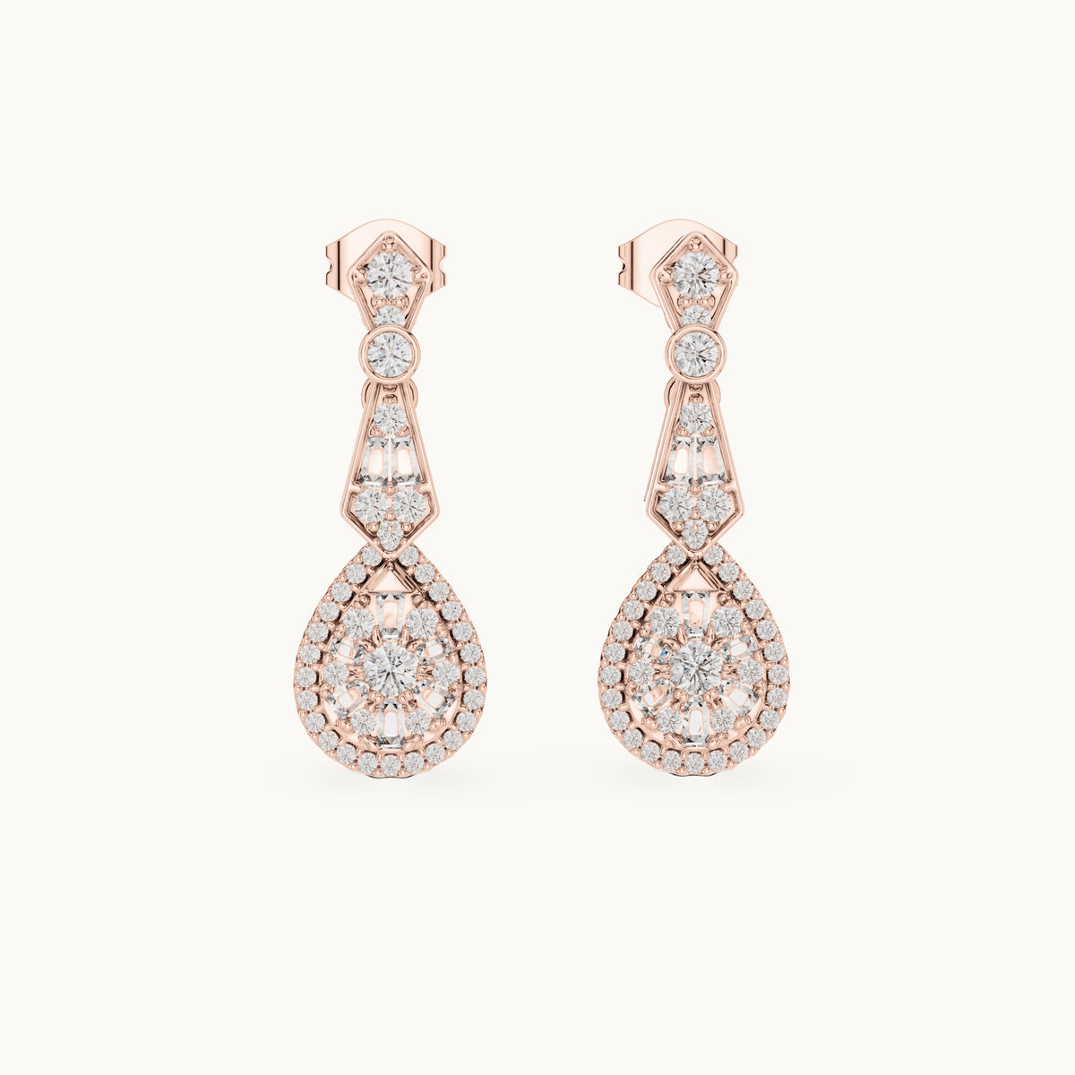 Round and baguette lab-grown diamond teardrop cluster drop earrings in rose gold, 1.296 CT TW, view 4