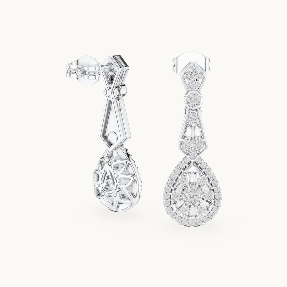 Round and baguette lab-grown diamond teardrop cluster drop earrings in white gold, 1.296 CT TW, view 1