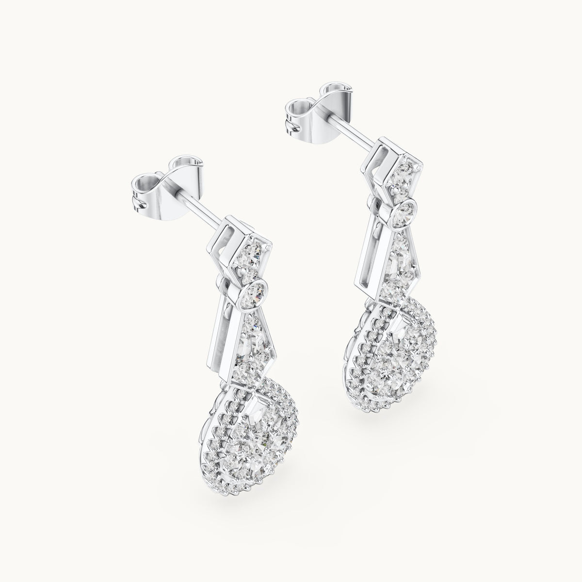 Round and baguette lab-grown diamond teardrop cluster drop earrings in white gold, 1.296 CT TW, view 2