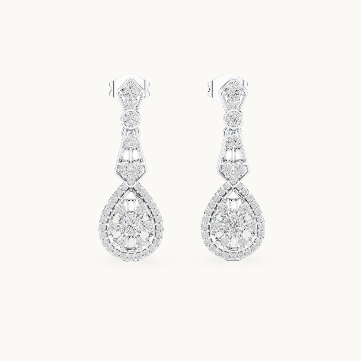 Round and baguette lab-grown diamond teardrop cluster drop earrings in white gold, 1.296 CT TW, view 4