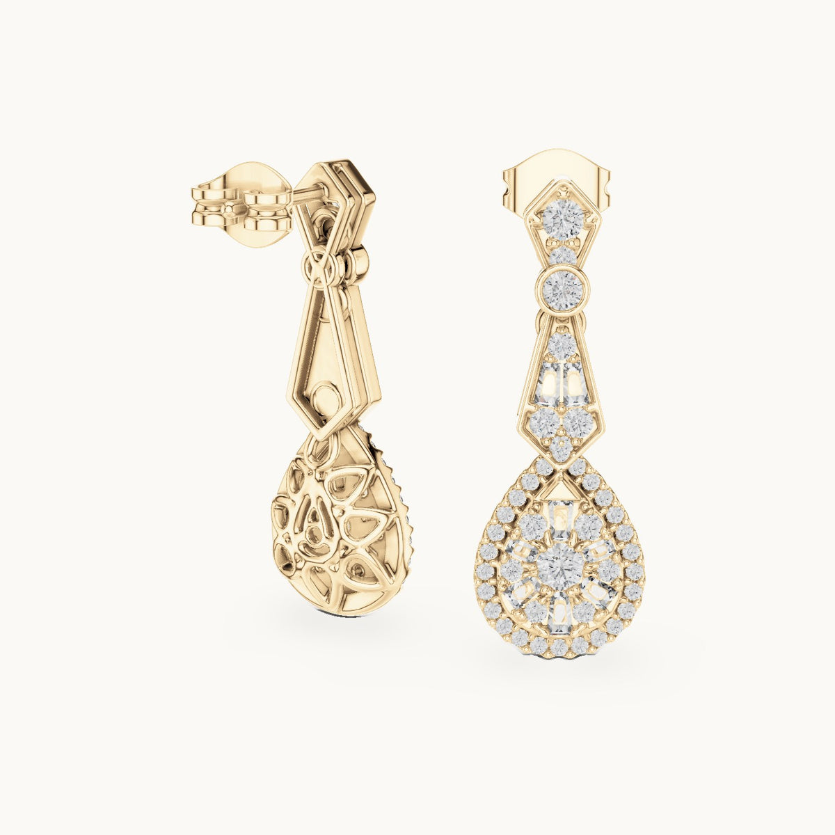 Round and baguette lab-grown diamond teardrop cluster drop earrings in yellow gold, 1.296 CT TW, view 1