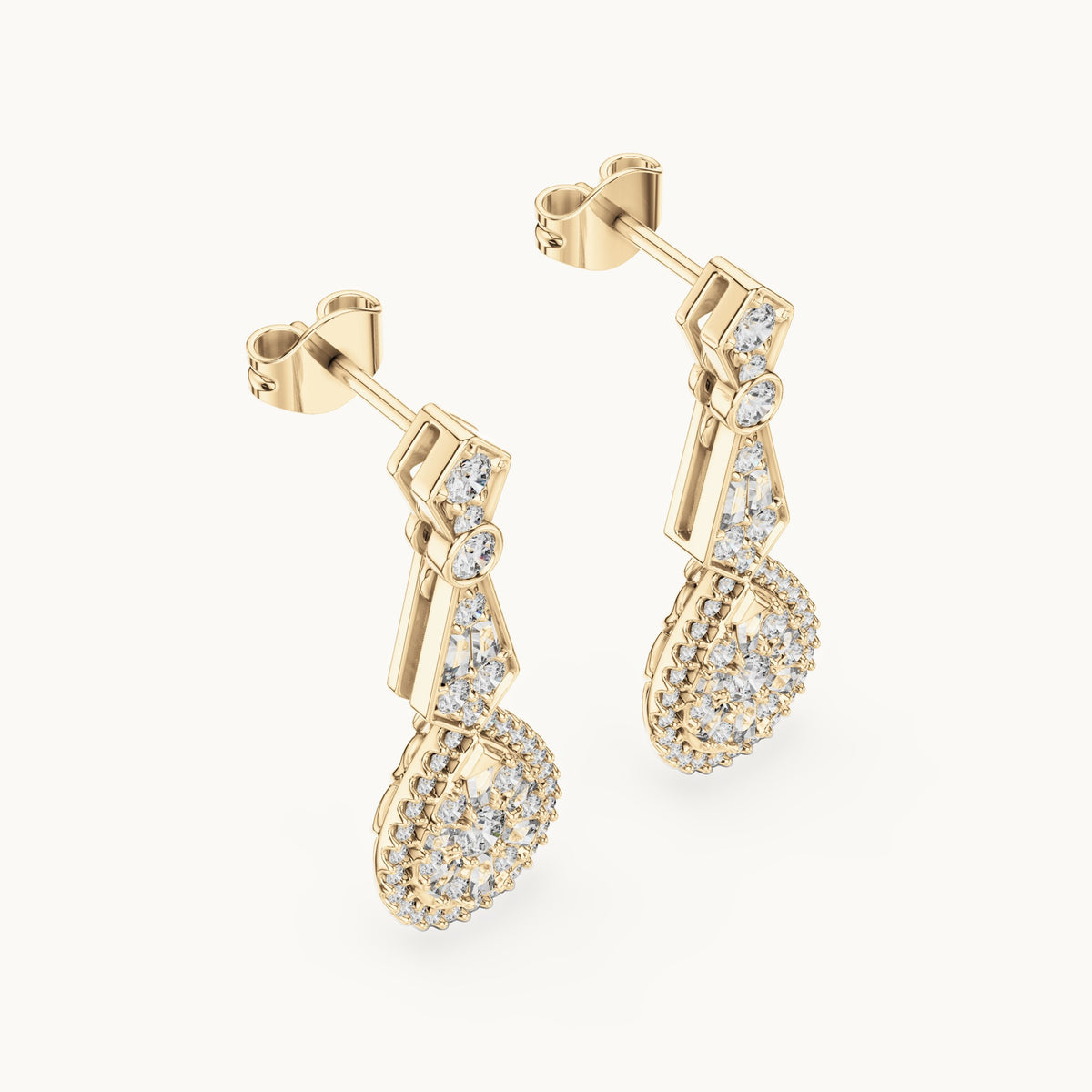 Round and baguette lab-grown diamond teardrop cluster drop earrings in yellow gold, 1.296 CT TW, view 2