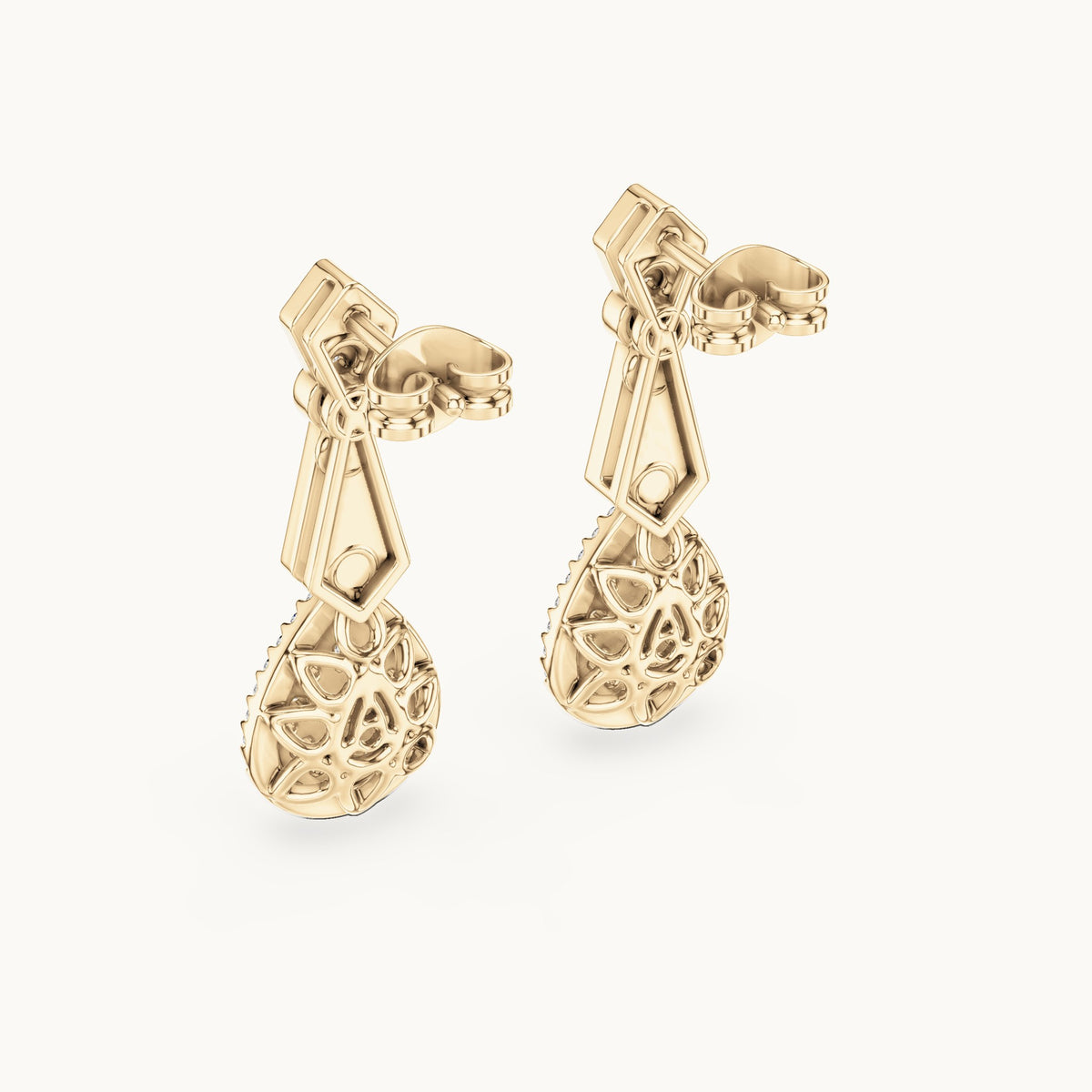 Round and baguette lab-grown diamond teardrop cluster drop earrings in yellow gold, 1.296 CT TW, view 3