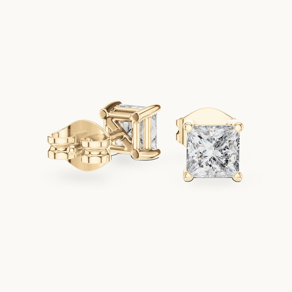 Princess-cut lab-grown diamond stud earrings in yellow gold, 1.00 CT TW, view 1