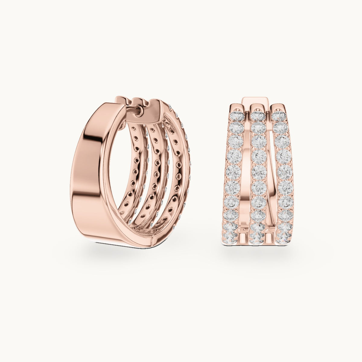 Round lab-grown diamond three-row pavé hoop earrings in rose gold, 1.98 CT TW, view 1