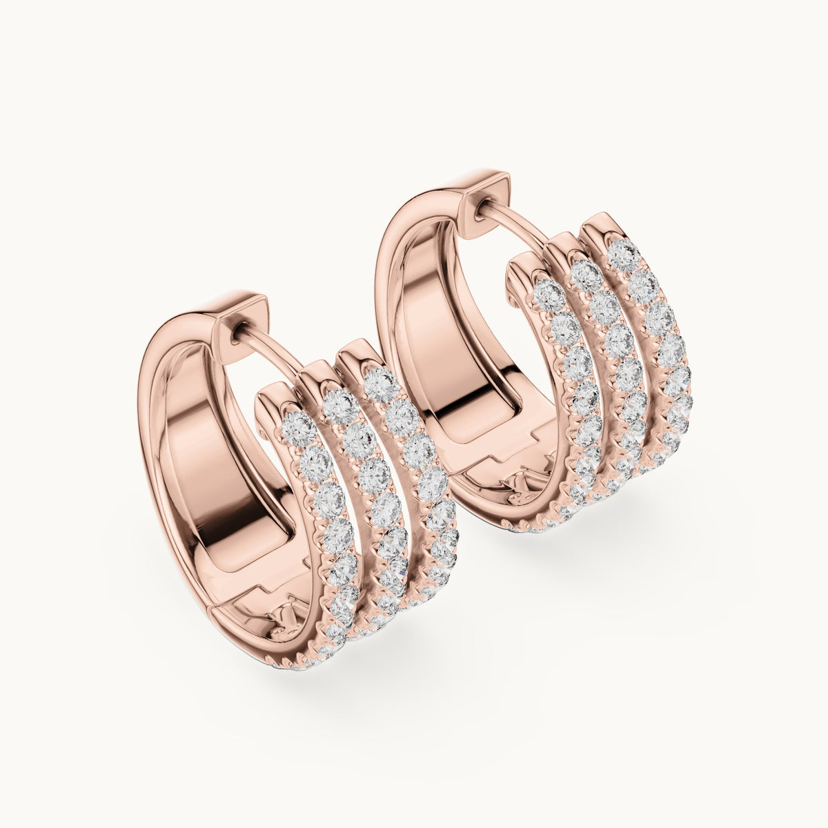 Round lab-grown diamond three-row pavé hoop earrings in rose gold, 1.98 CT TW, view 2