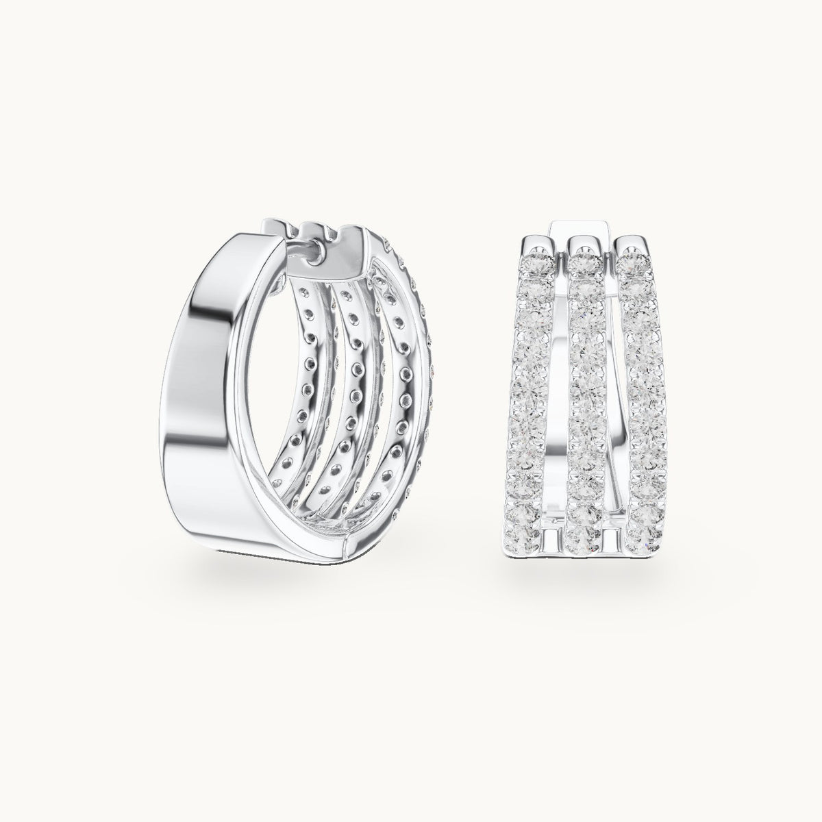 Round lab-grown diamond three-row pavé hoop earrings in white gold, 1.98 CT TW, view 1