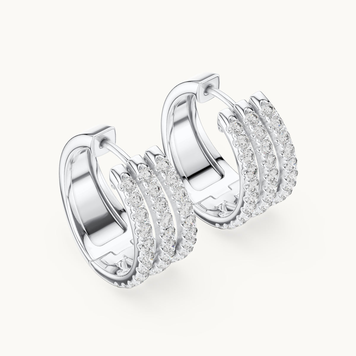 Round lab-grown diamond three-row pavé hoop earrings in white gold, 1.98 CT TW, view 2