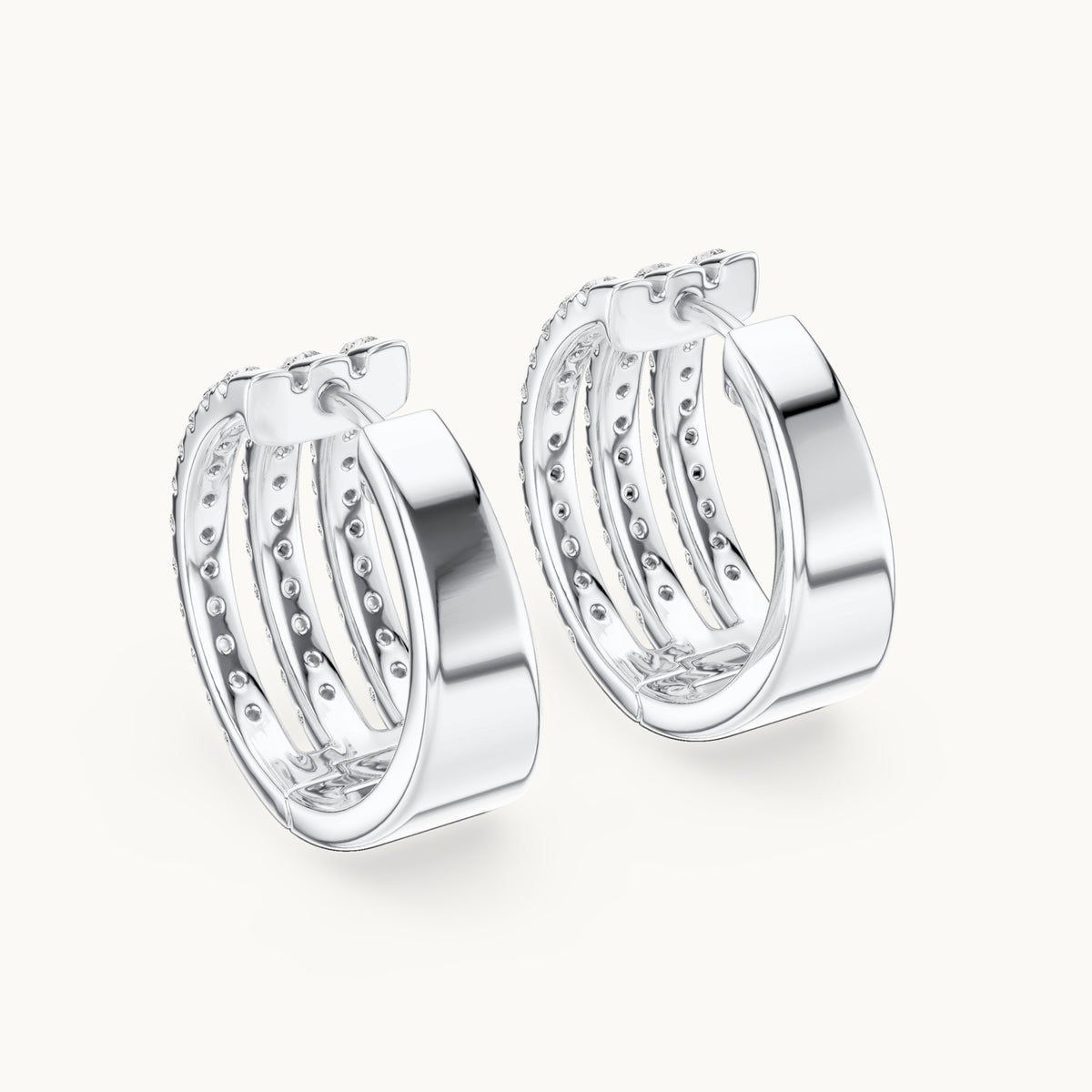 Round lab-grown diamond three-row pavé hoop earrings in white gold, 1.98 CT TW, view 3