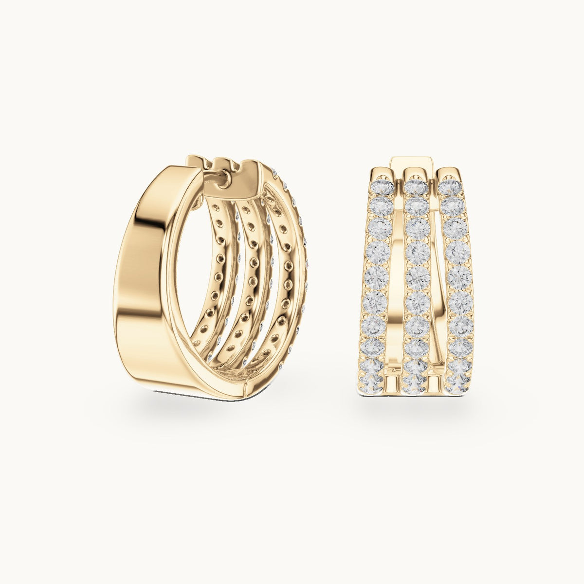 Round lab-grown diamond three-row pavé hoop earrings in yellow gold, 1.98 CT TW, view 1