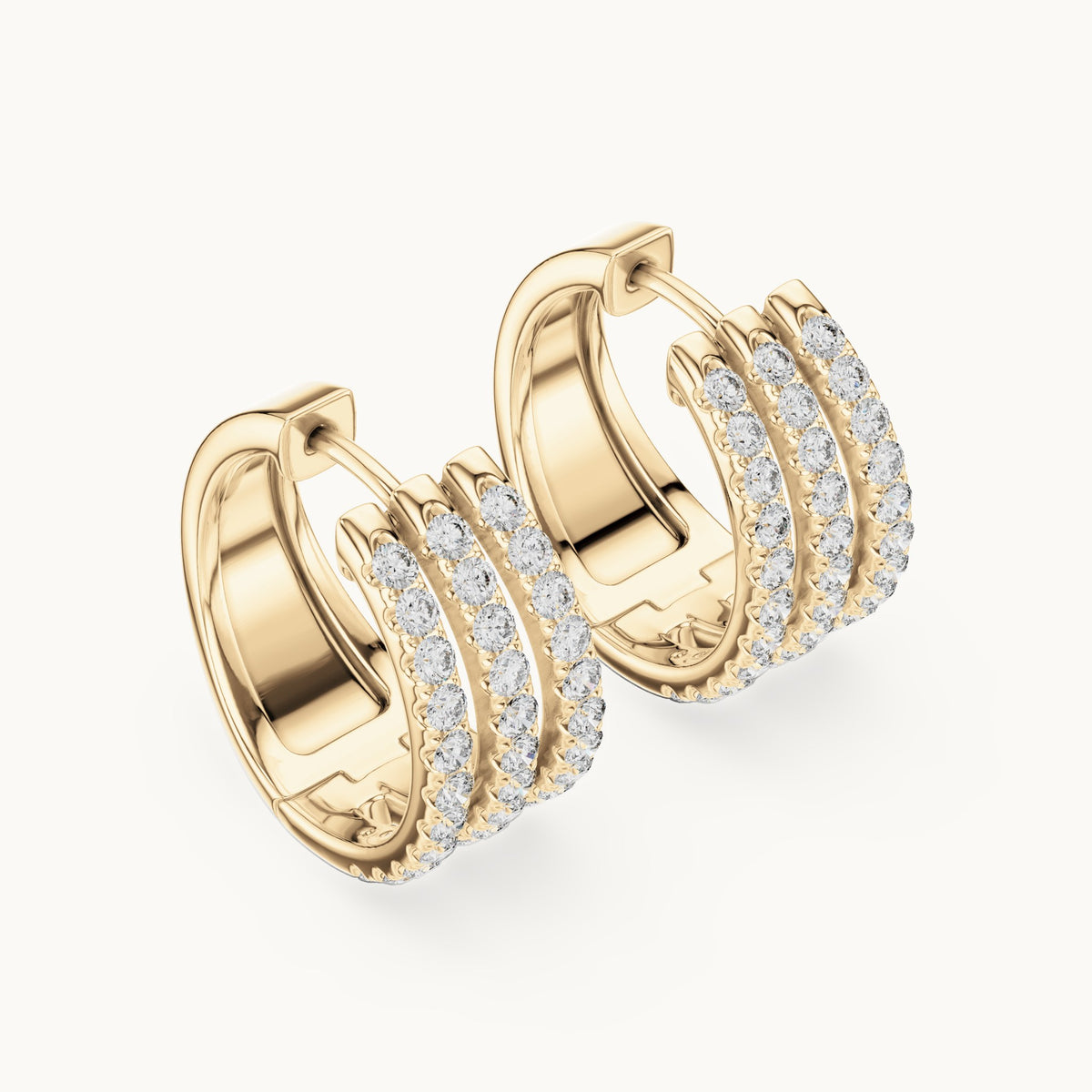 Round lab-grown diamond three-row pavé hoop earrings in yellow gold, 1.98 CT TW, view 2